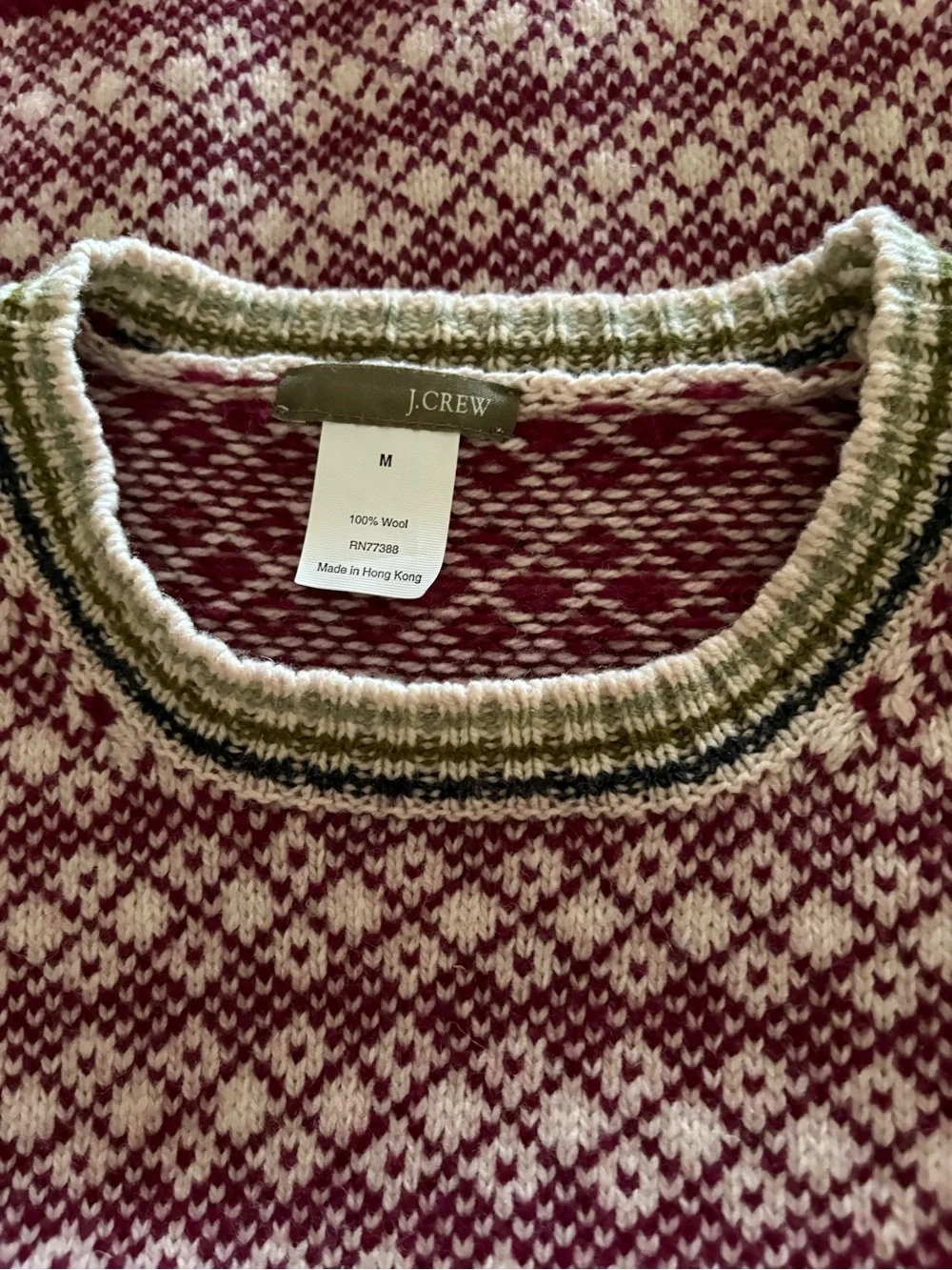 J.Crew | Vintage wool Fair Isle crew neck sweater. Burgundy. Medium. Wool